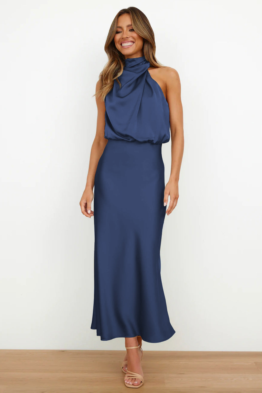 Carlina | Long Satin Dress with Halter Neck