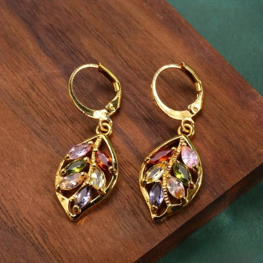 Vintage Gold Leaf Earrings with Colored Zircons