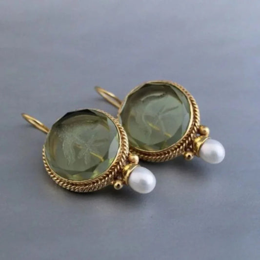 Vintage Earrings with Rounded Green Stone and Pearls