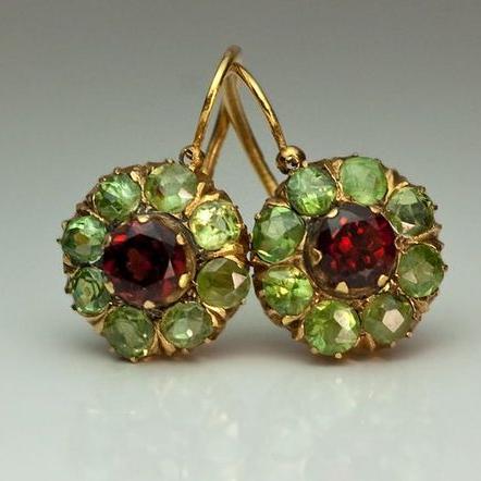 Vintage Earrings with Rounded Green and Red Crystals