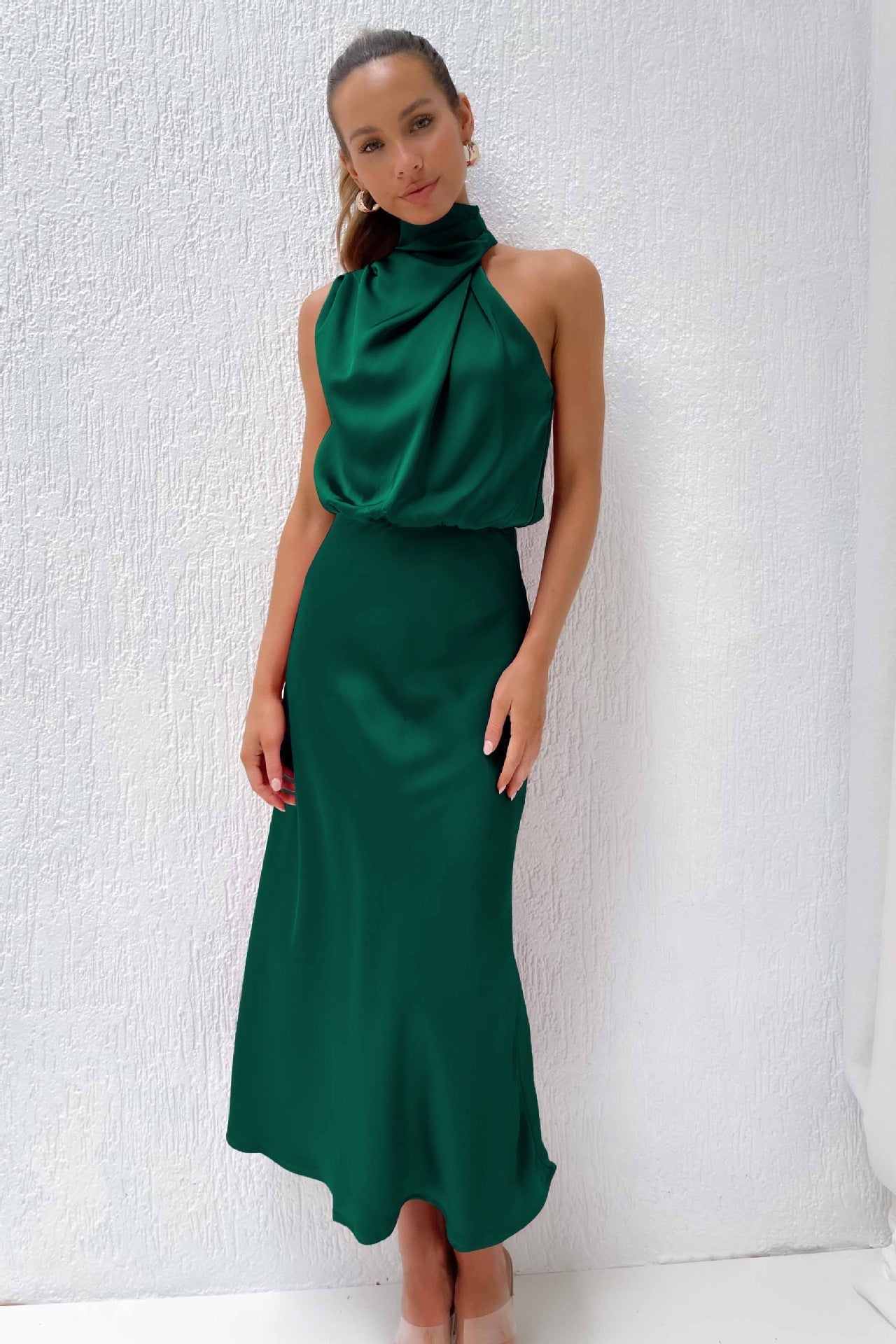 Carlina | Long Satin Dress with Halter Neck