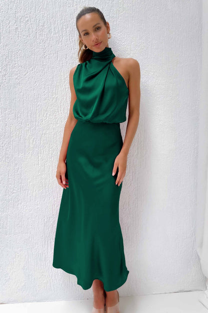 Carlina | Long satin dress with halter neckline