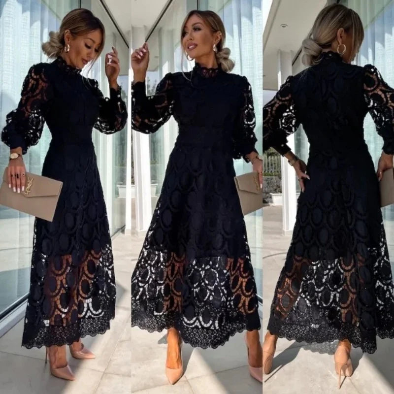 Blanca - Long Lace Dress with High Neck and Puff Sleeves