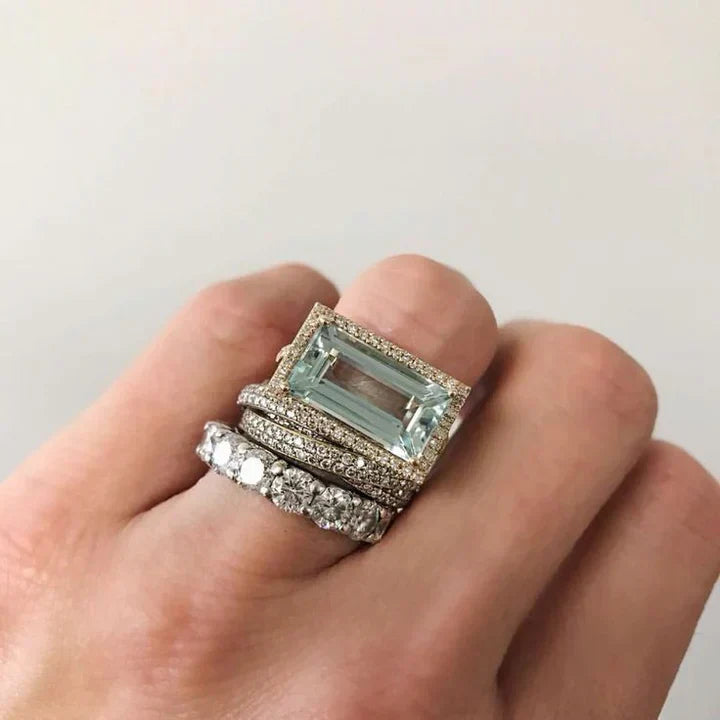Turquoise Glass Ring Set Vintage Silver
