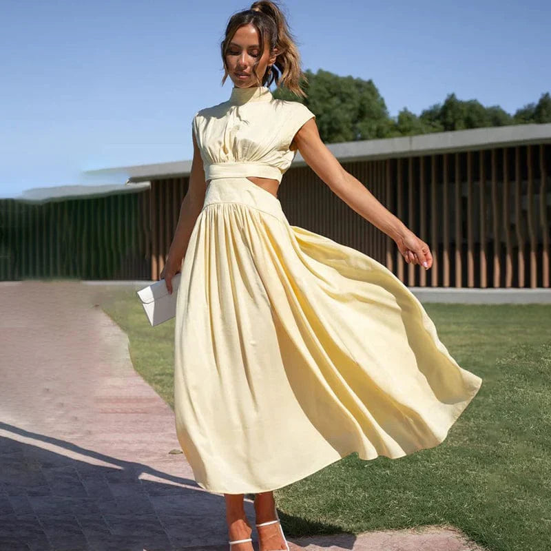 Diana – Pleated Dress with High Collar
