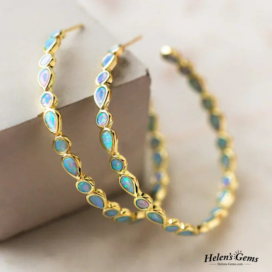 Vintage Gold Hoop Earrings with Blue Opal